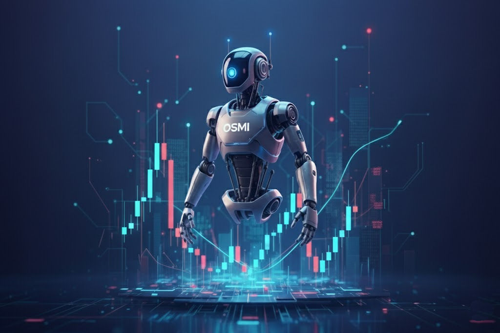 Futuristic trading robot hovering above holographic price charts